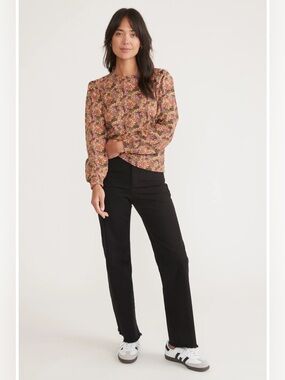 Marine Layer Enya Floral Print Tan Puff Sleeve Sweatshirt Top NWT